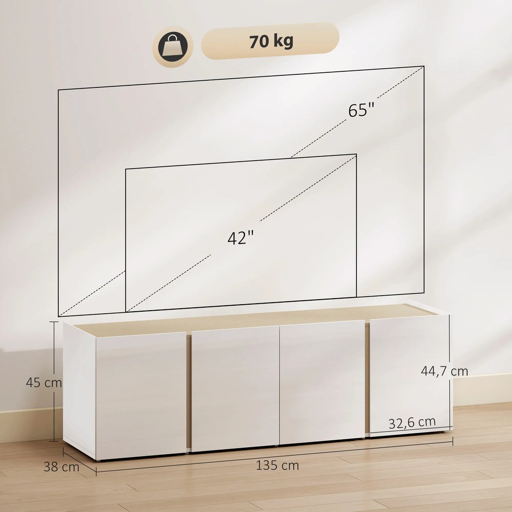 Móvel para televisão com 4 portas com fecho amortecido, prateleira ajustável e passagem para cabos, 135 x 38 x 45 cm, branco