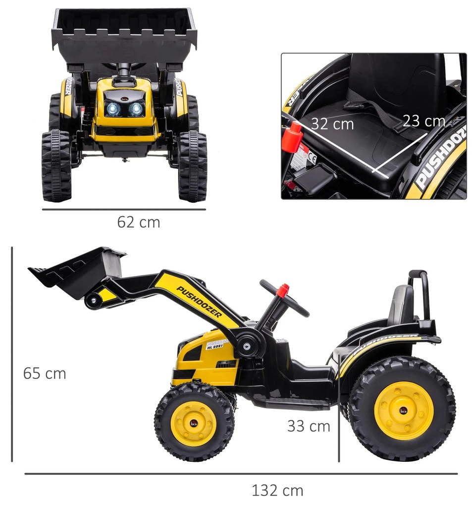 Trator Escavadora Elétrica para Crianças acima de 3 Anos Veículo Infantil com Pá Bateria 6V Música e Luzes 132x62x65 cm Preto e Amarelo