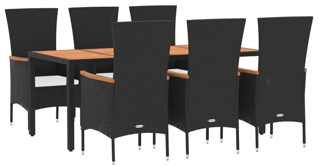 7 pcs conjunto de jantar p/ jardim c/ almofadões vime PE preto