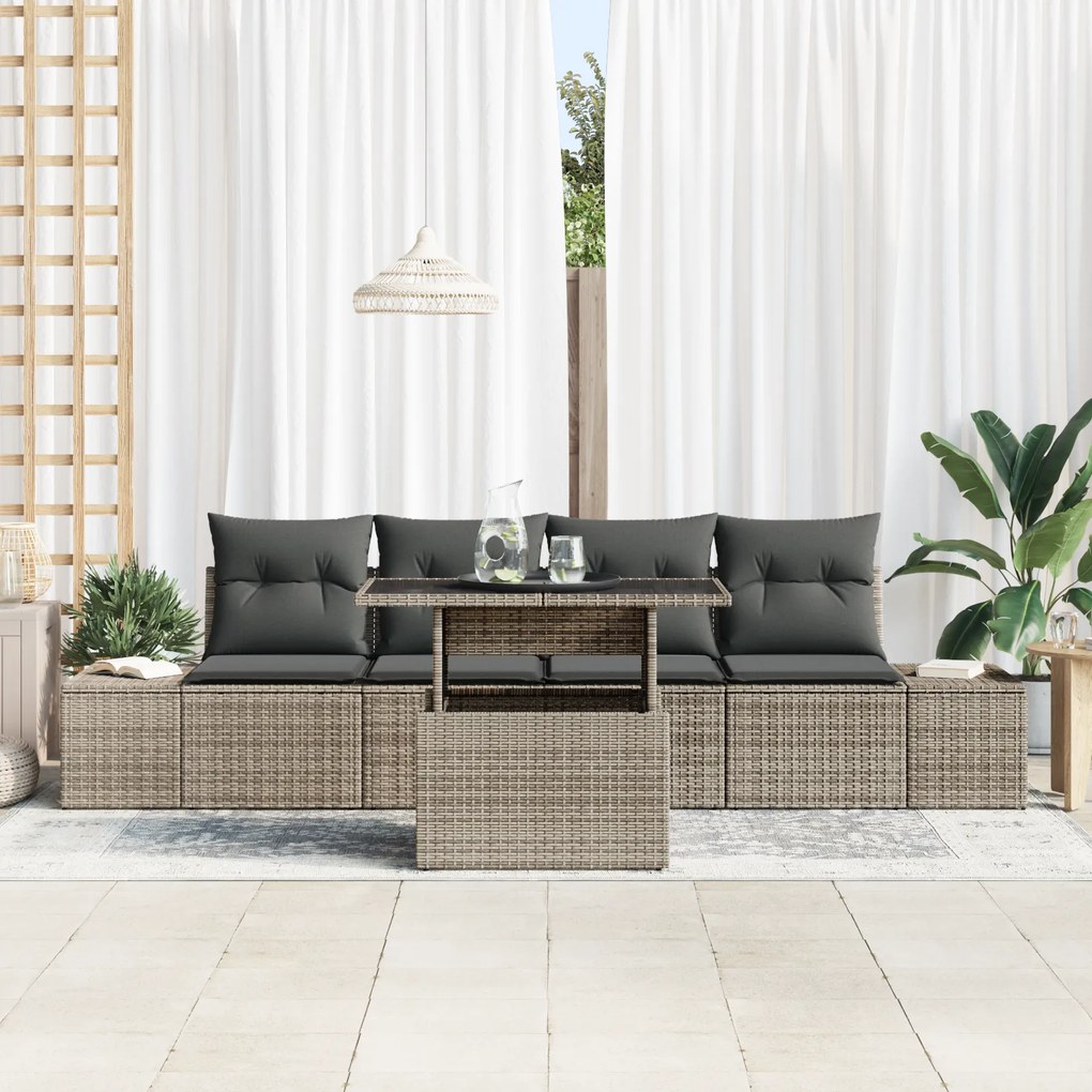 Conjunto de Sofá de Jardim de 5 Peças com Almofadas Cinzento Rattan Si