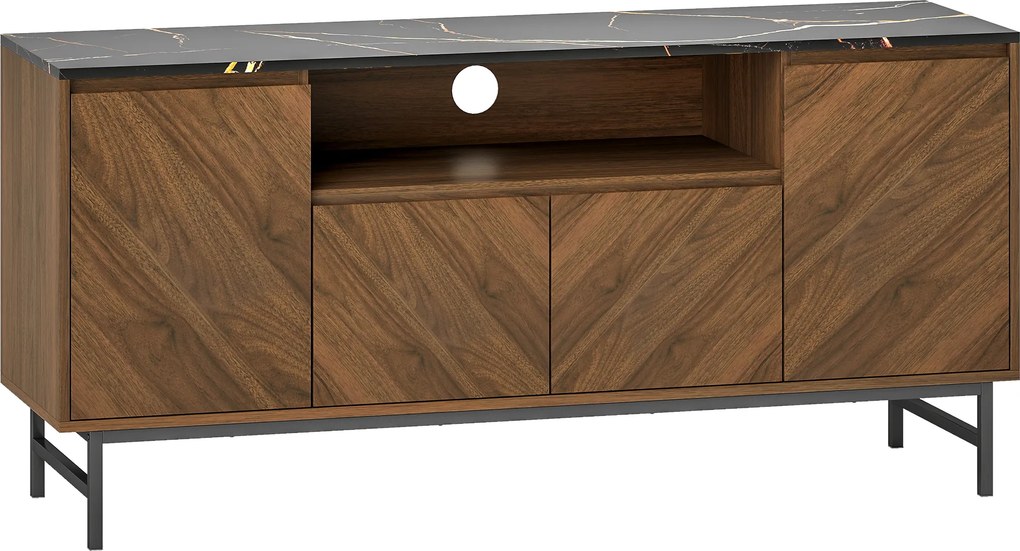 HOMCOM Móvel para TV até 165,1 cm em madeira com compartimento aberto e passa-cabos, efeito mármore, 140x39x66cm, nogueira | Aosom Portugal