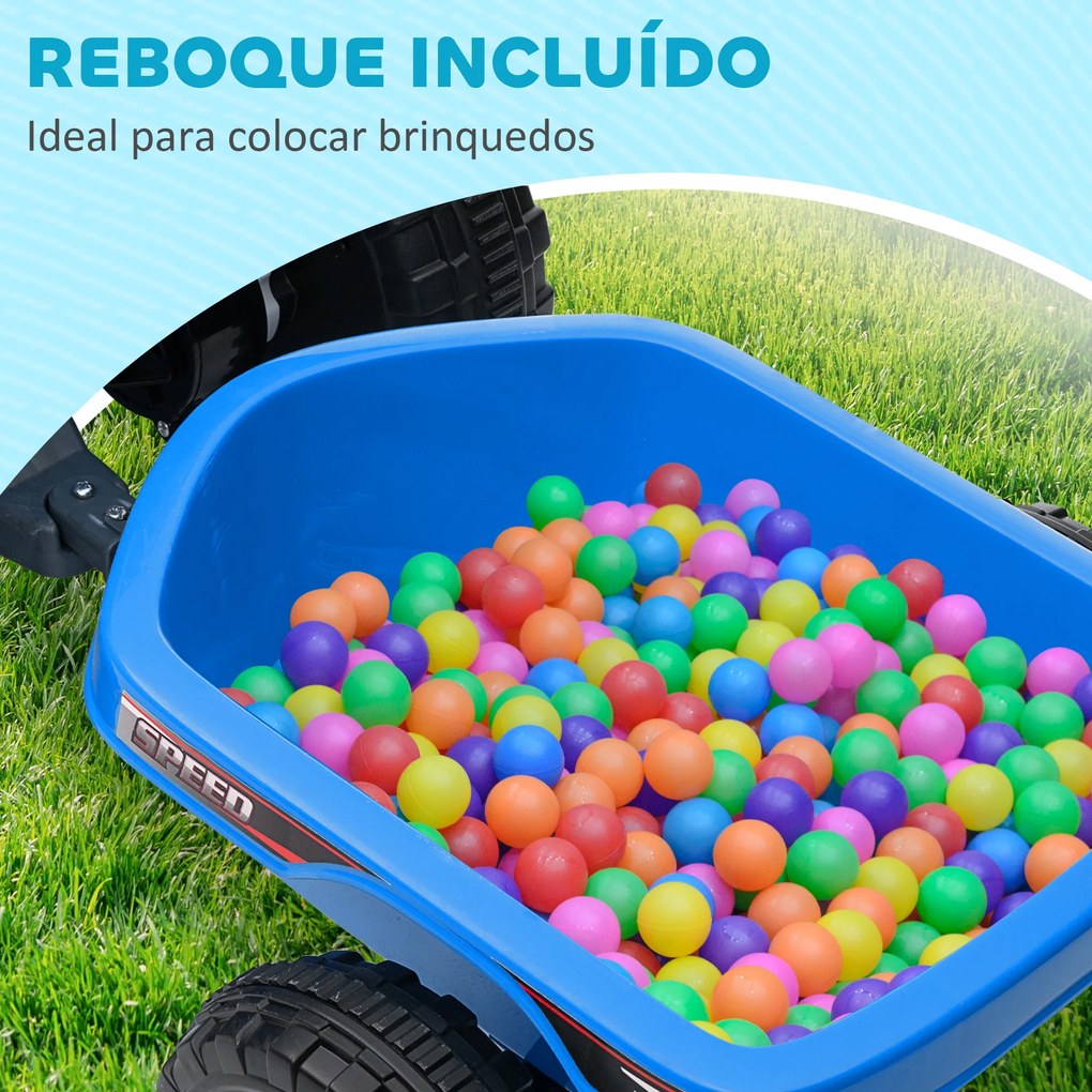 Moto 4 Elétrica para Crianças com Reboque Bateria 6V de 18-36 Meses com Velocidade 2,5 km/h 106x41,5x48,5 cm Azul