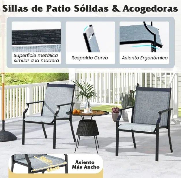 Conjunto de 2 cadeiras de jantar de jardim com assento respirável Estrutura metálica encosto alto e apoios de braços ergonómicos Azul