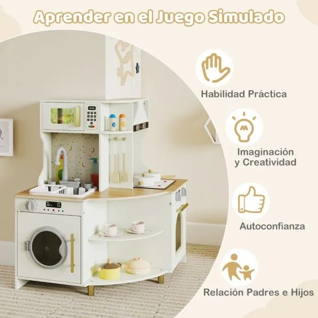Cozinha de brincar para crianças de canto em madeira 62 x 62 x 80 cm com torneira e lava-louças funcionais Micro-ondas e máquina de lavar louça bege