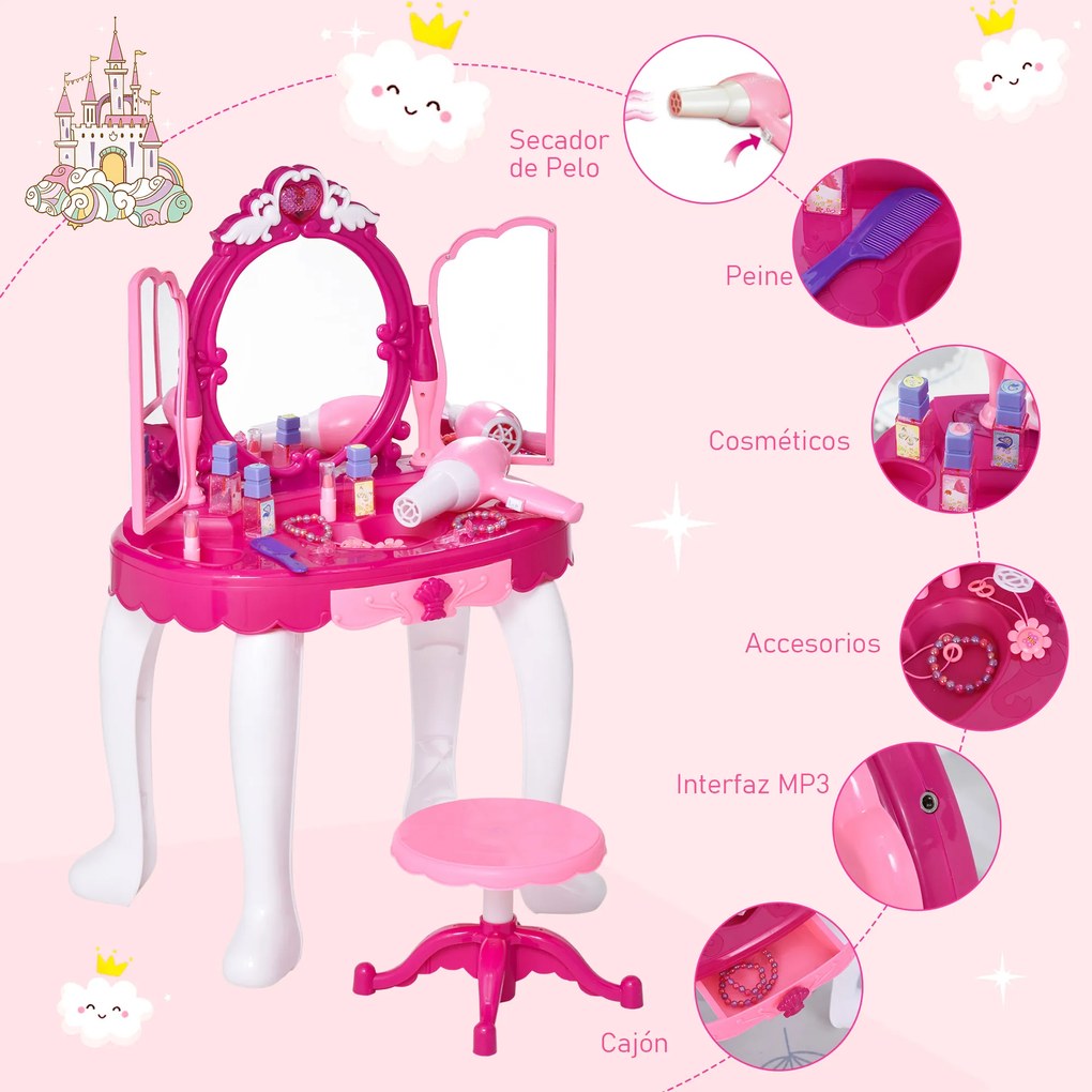 HOMCOM Conjunto de penteadeira para crianças acima de 3 anos penteadeira com banquinho música e iluminação espelho cosmeticos secador de cabelo esmaltes 45 x 30,5 x 72 cm
