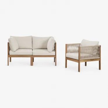 Conjunto De Sala Com Sofá Modular De 2 Peças Com Braços E Poltrona Em Madeira De Acácia Branson Gardénia Branco & Castanho Acácia - Sklum