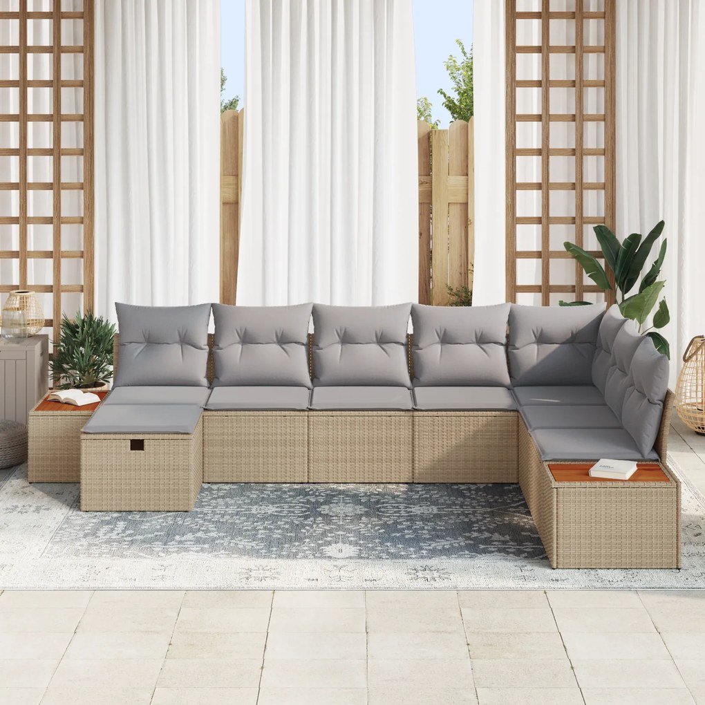 Conjunto de Sofá de Jardim de 8 Peças com Almofadas Bege Vime Sintétic