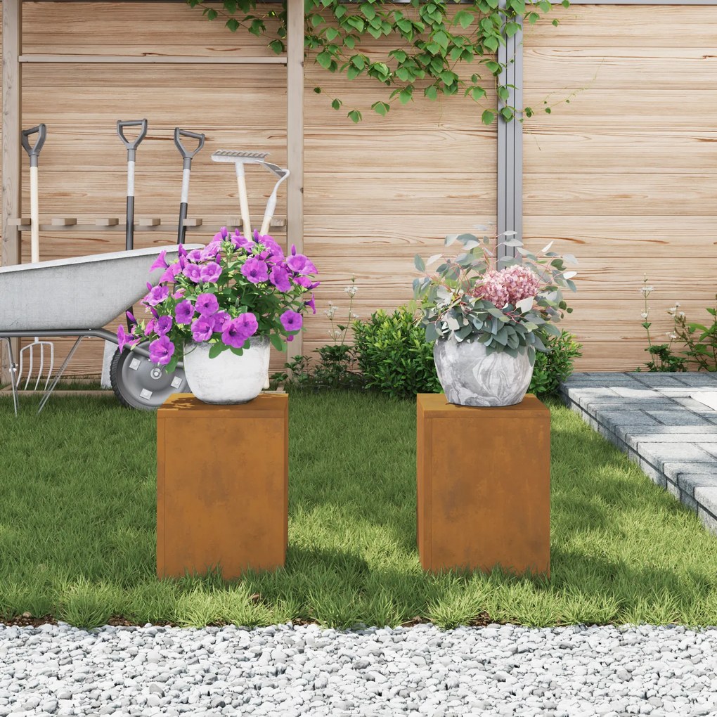 vidaXL Suportes para Plantas Externos Pilar 2 pcs 24x24x35 cm Aço Resistente às Intempéries