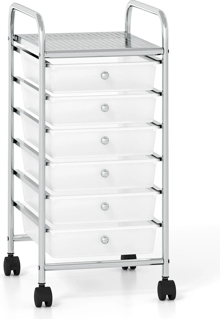 Carrinho de Armazenamento com 6 Gavetas, 33 x 38 x 66 cm, Rodas Giratórias com Travão, Branco