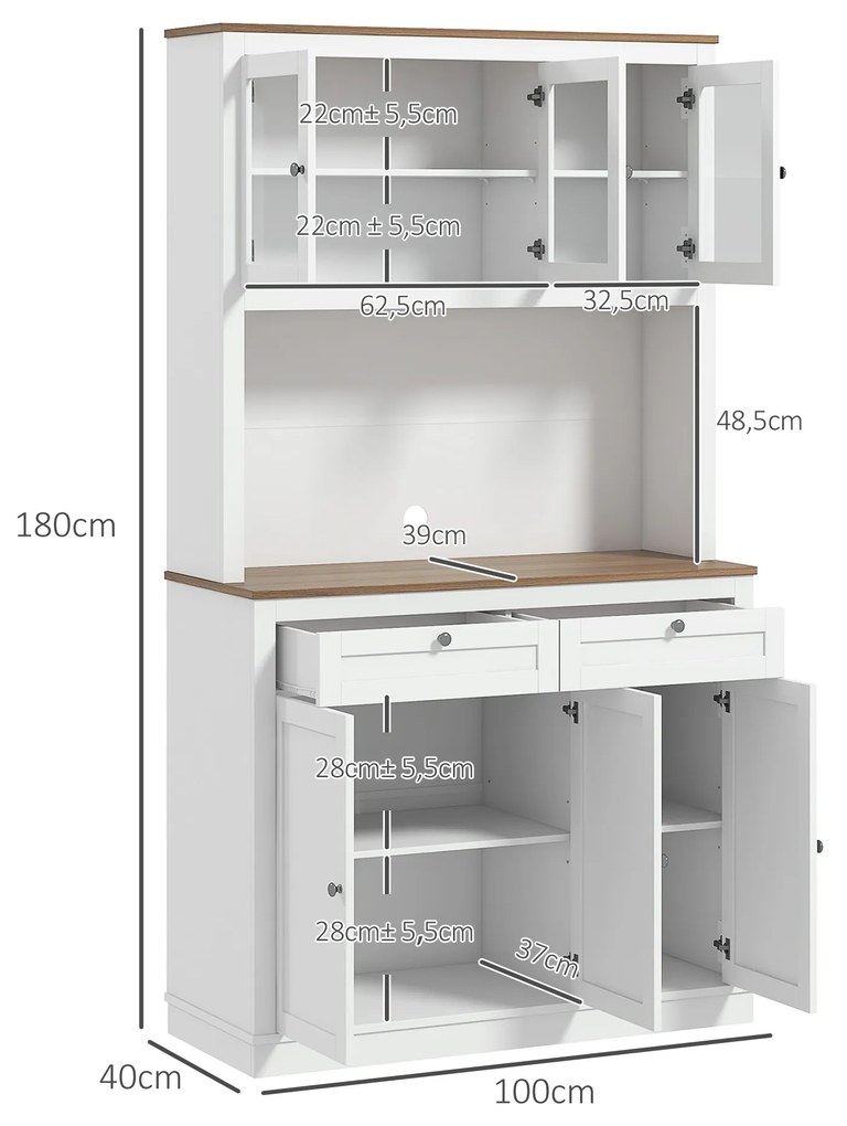 Armário de Cozinha com 3 Portas de Vidro Compartimento Aberto 2 Gavetas e Prateleiras Ajustáveis 100x40x180 cm Branco