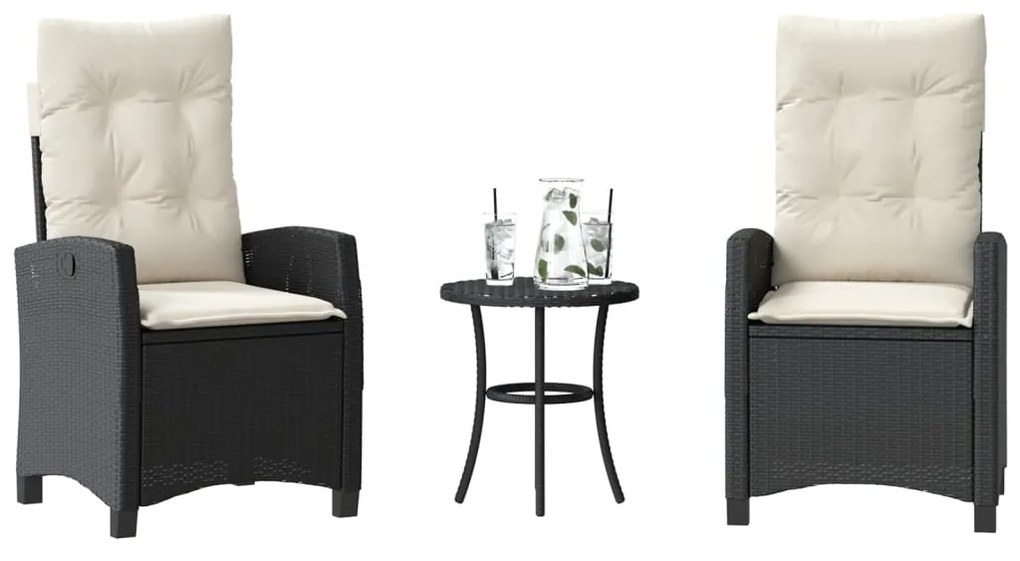 vidaXL 3 pcs conjunto de bistrô com almofadões vime PE preto