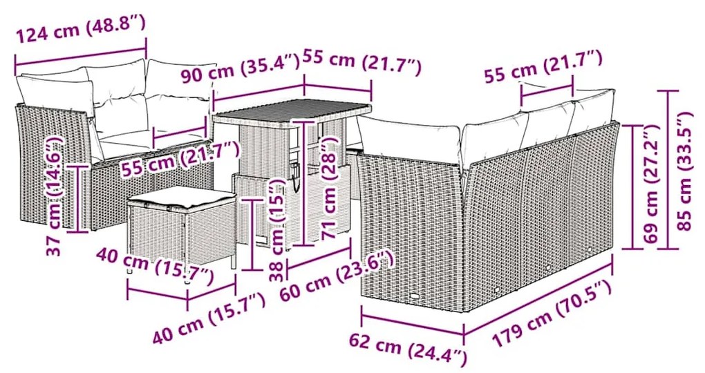 Sofá de Jardim 8 Peças com Almofadas Preto Rattan Poli Acácia