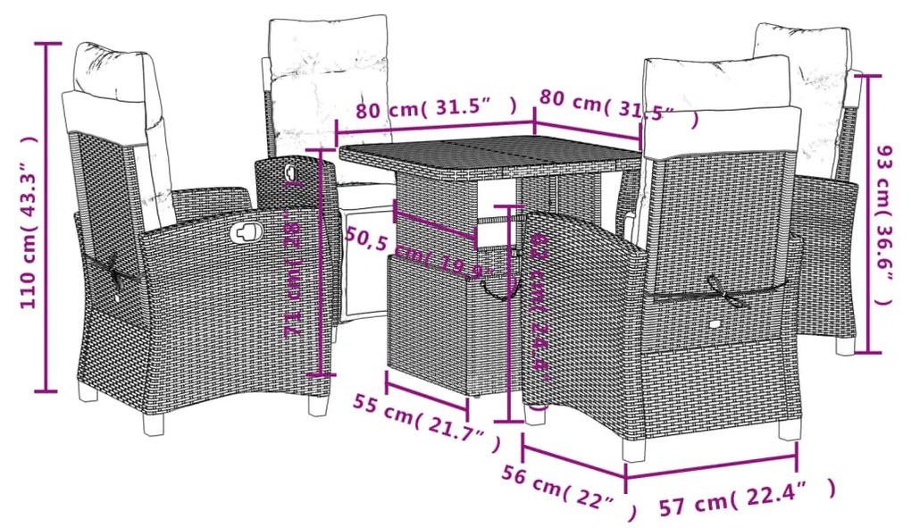 5 pcs conjunto de jantar p/ jardim c/ almofadões vime PE preto