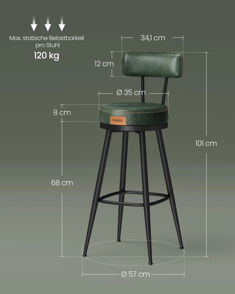 Conjunto de 2 bancos de bar com encosto giratório Coleção EKHO 57 x 57 x 101 cm verde floresta