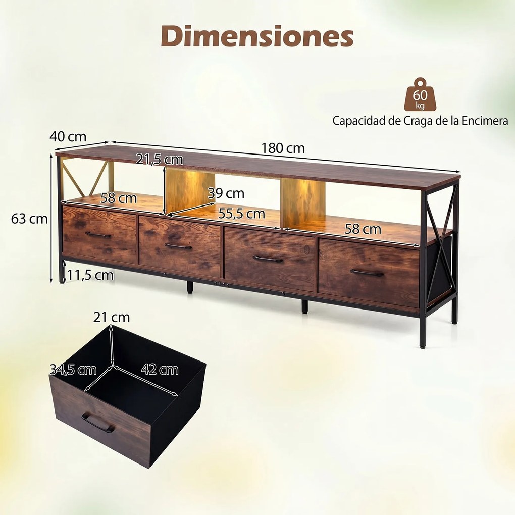 Móvel de TV, 180 x 40 x 63 cm, Iluminação LED com Comando, Castanho