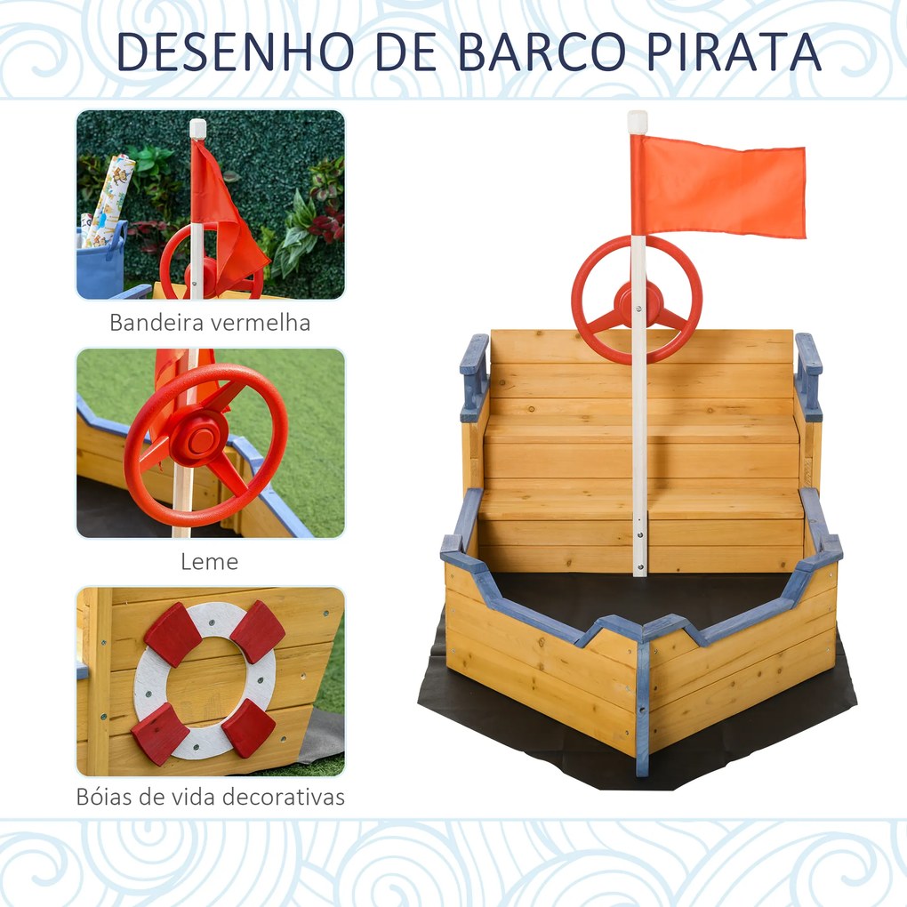 Caixa de Areia Infantil de Madeira Desenho de Galeão com Assento 2 Degraus Bandeira Vermelha e Leme Caixa de Areia de Jardim para Crianças acima de 3