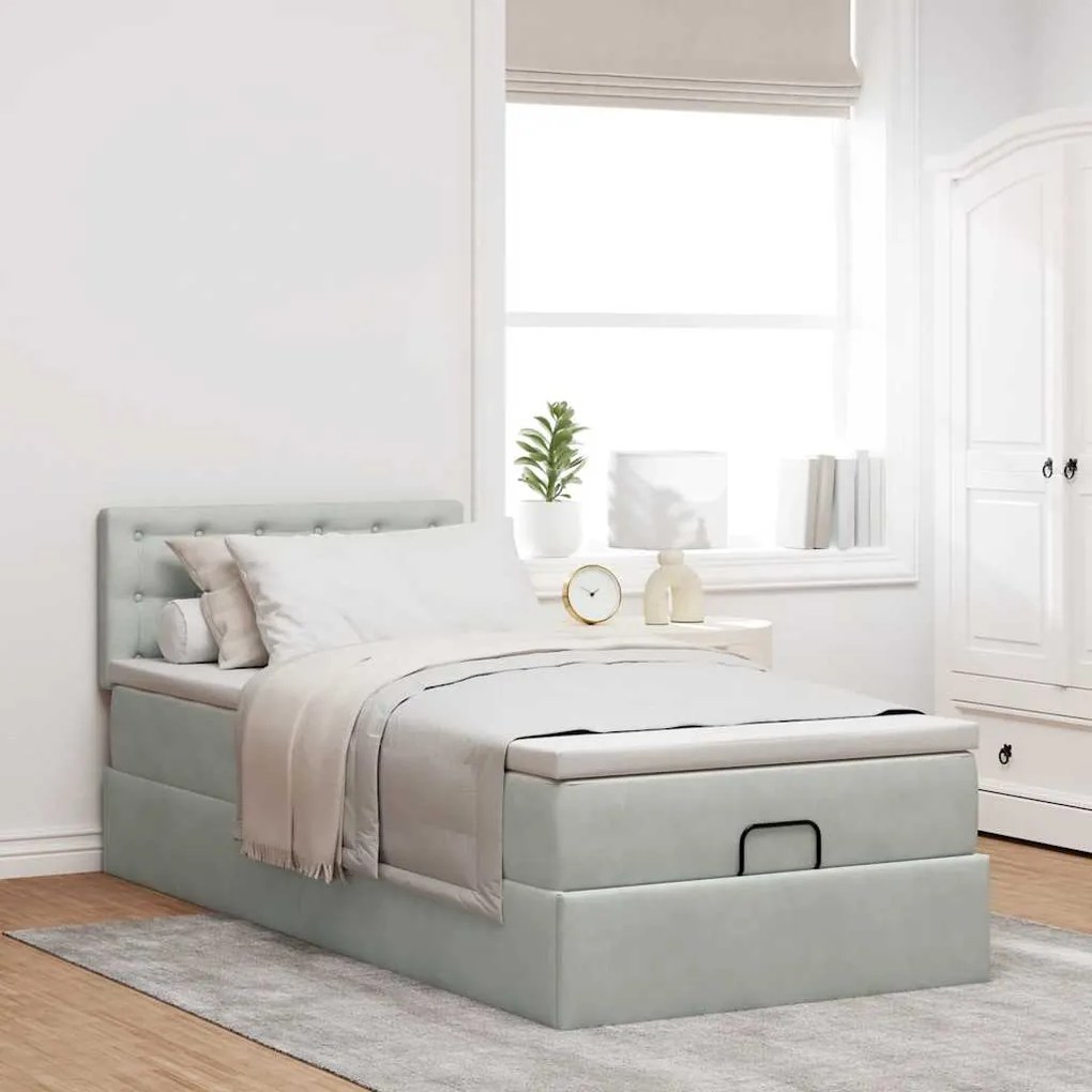 Estrutura cama otomana colchão 90x200 cm veludo cinzento claro