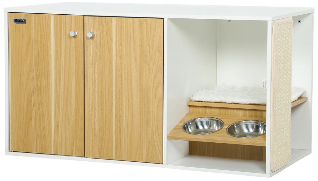 PawHut Móvel Caixa de Areia para Gatos 3 em 1 Mesa Auxiliar Caixa de Areia para Gatos com Tapete para Arranhar 95x48x50,5 cm Branco e Carvalho