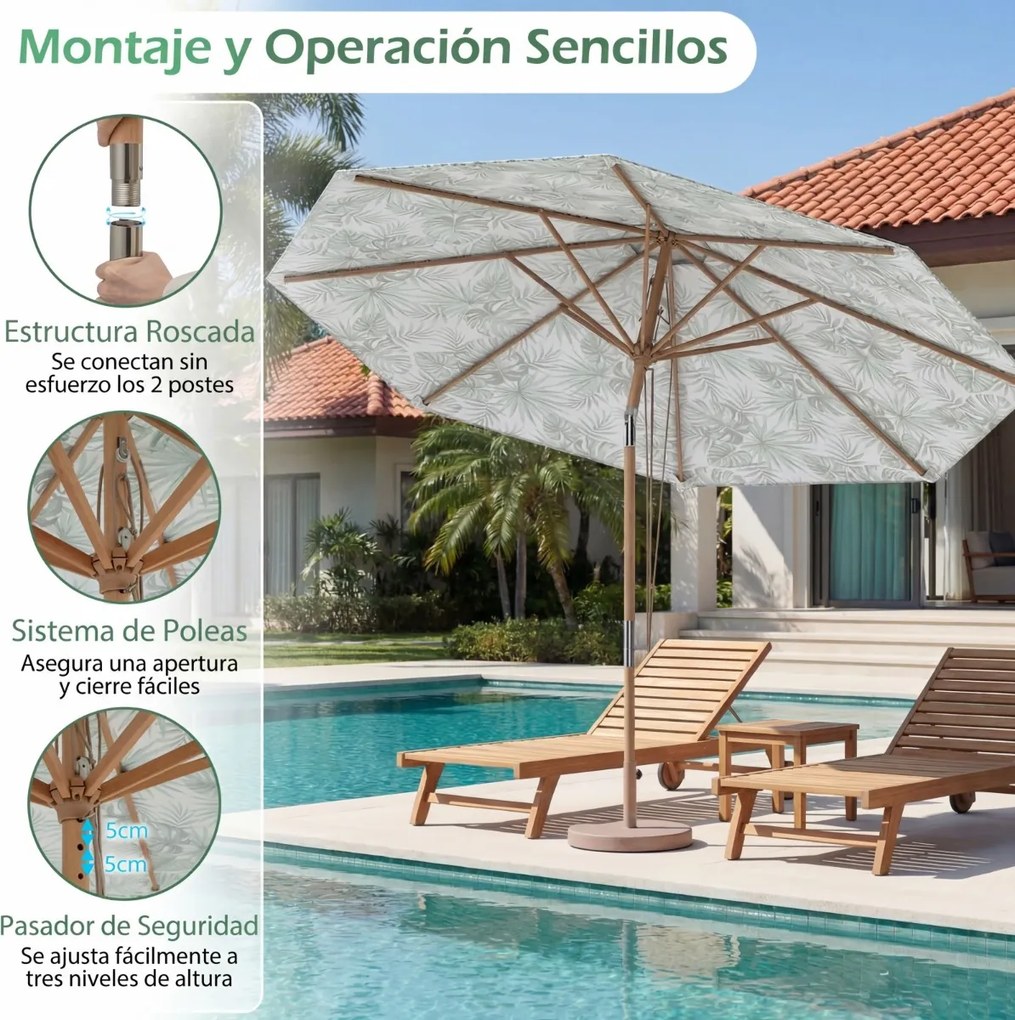 Guarda-sol de jardim de 270 cm (BASE NÃO INCLUIDA), inclinável, com mastro de 8 varas em madeira de faia, teto ventilado e roldanas, para exterior, pá