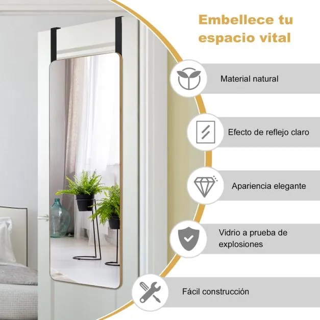 Espelho de corpo inteiro montado na parede em bambu com 2 ganchos para corredor, sala, quarto 100 x 35 cm Natural