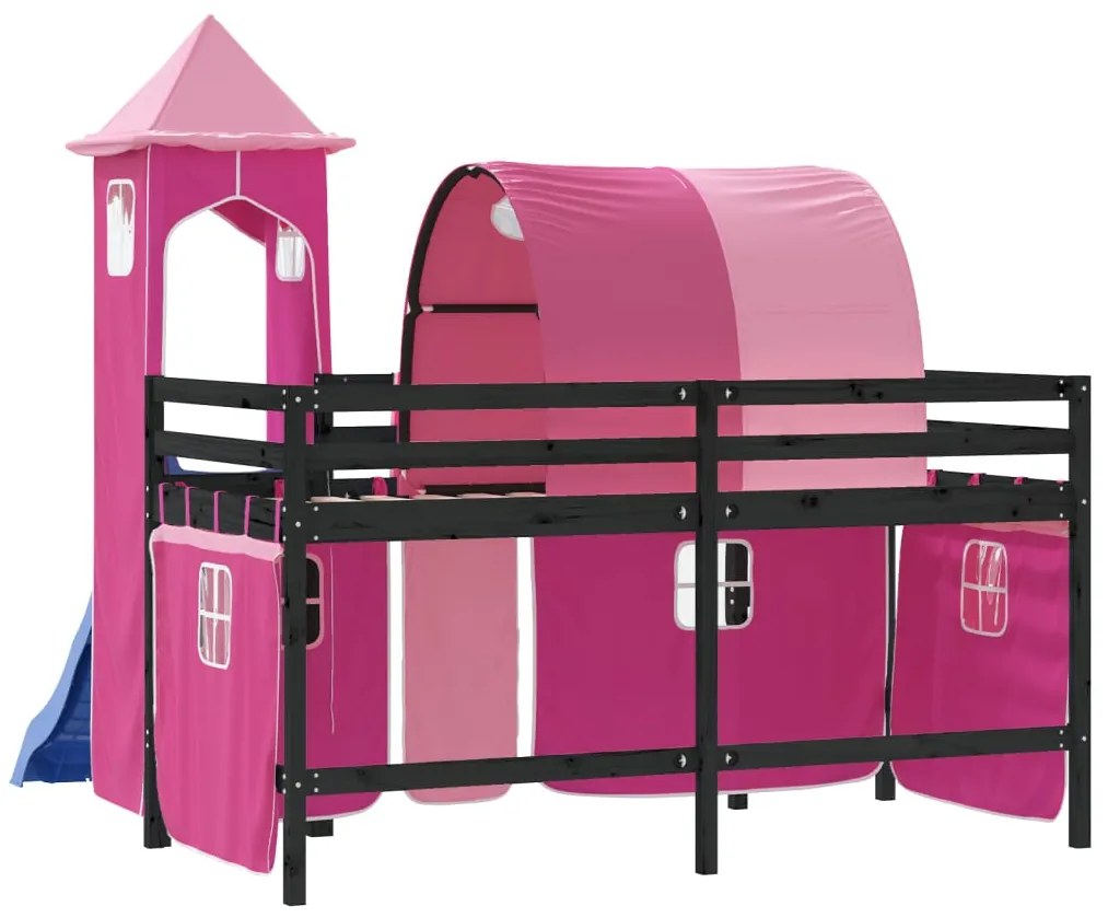 Cama alta para criança com torre 90x190 cm pinho maciço rosa
