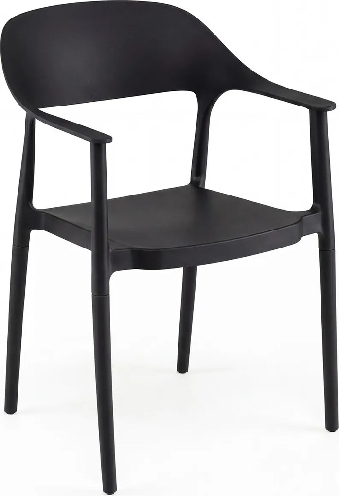 Cadeira de jantar em plástico com encosto curvo, braços e assento amplo; para uso interior e exterior, na sala, terraço ou jardim Preta