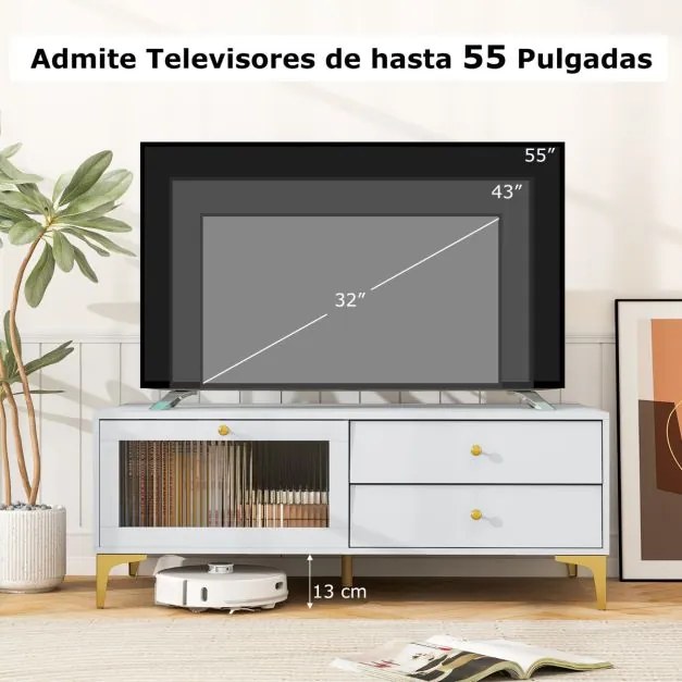 Móvel TV para televisões até 55'' com gaveta Porta de vidro temperado com aba e pernas de metal para sala de estar Branco