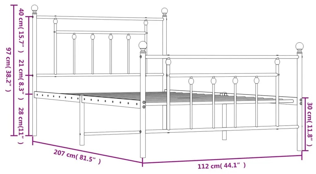 Estrutura de cama com cabeceira e pés 107x203 cm metal preto