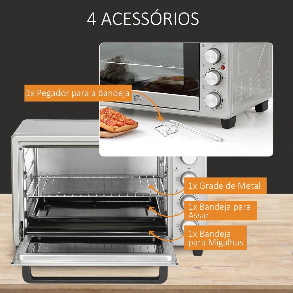 Mini Forno 32L 16000 com 3 Modos de Aquecimento Temperatura até 230 °C Temporizador 52,2x38,1x33,5 cm Prata