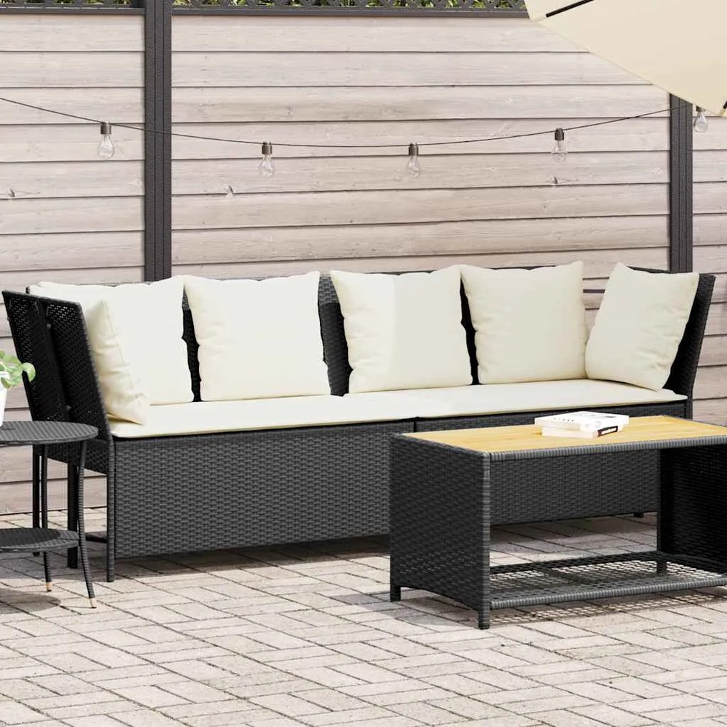 vidaXL Sofá de jardim com almofadões vime PE preto