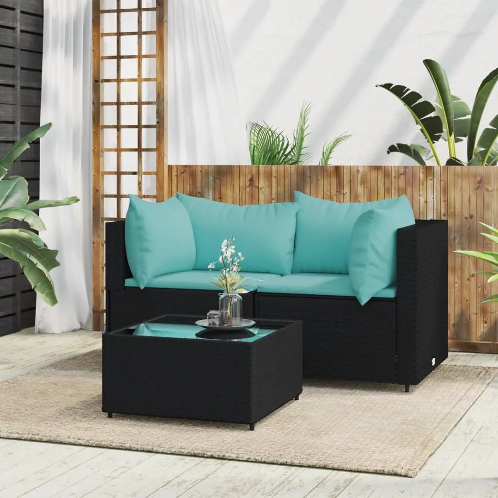 319795 vidaXL 3 pcs conjunto lounge de jardim c/ almofadões vime PE preto