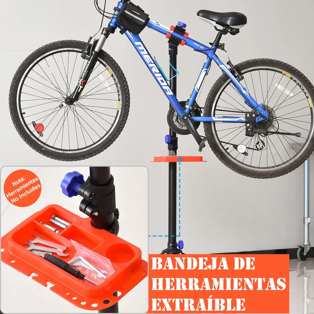 HOMCOM Suporte de reparo Cavalete de bicicleta portátil para casa Altura ajustável 110-180cm com 4 pernas Bandeja de ferramentas Até 25kg 84x84x180 Preto