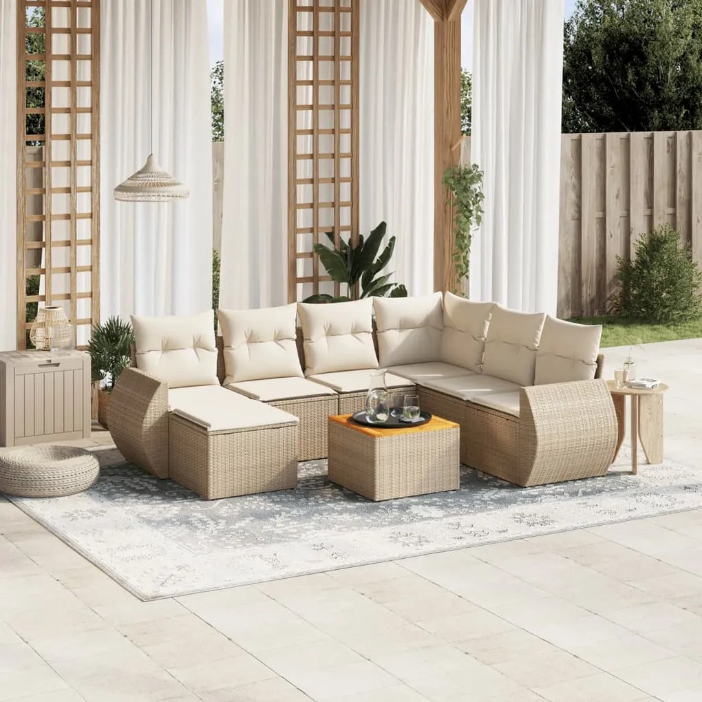 8 pcs conjunto de sofás p/ jardim com almofadões vime PE bege