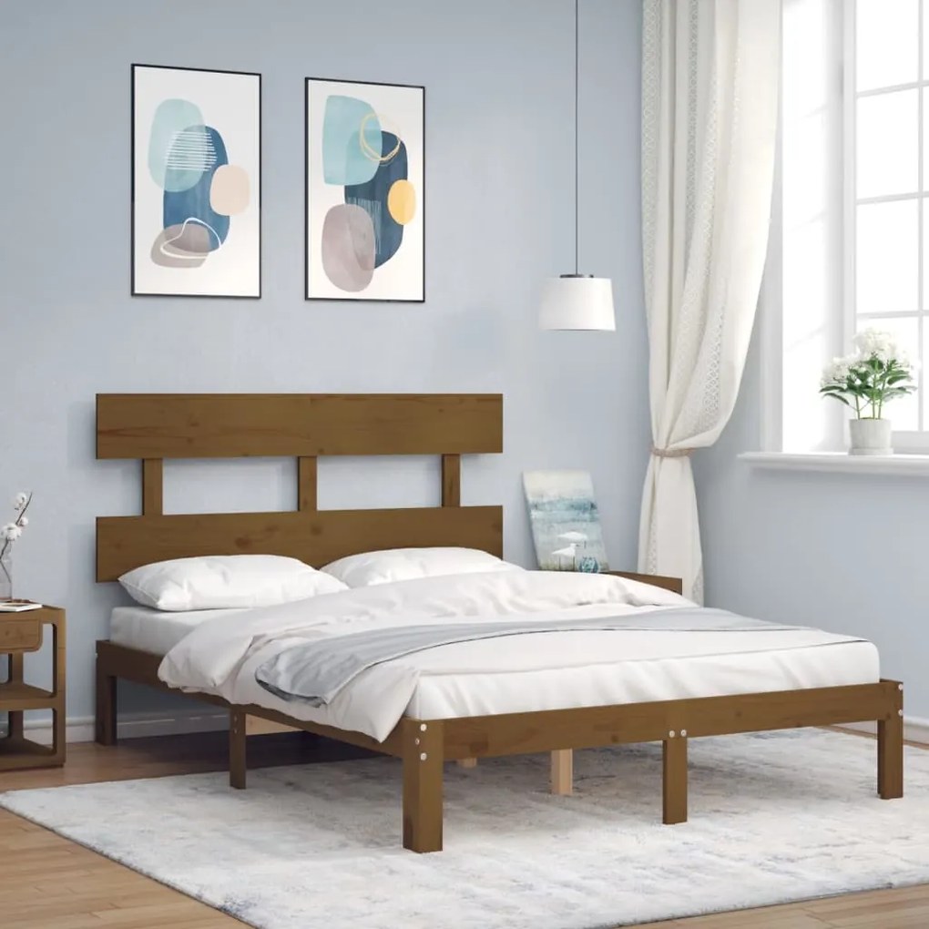 Estrutura de cama dupla pequena 4FT madeira maciça castanho-mel