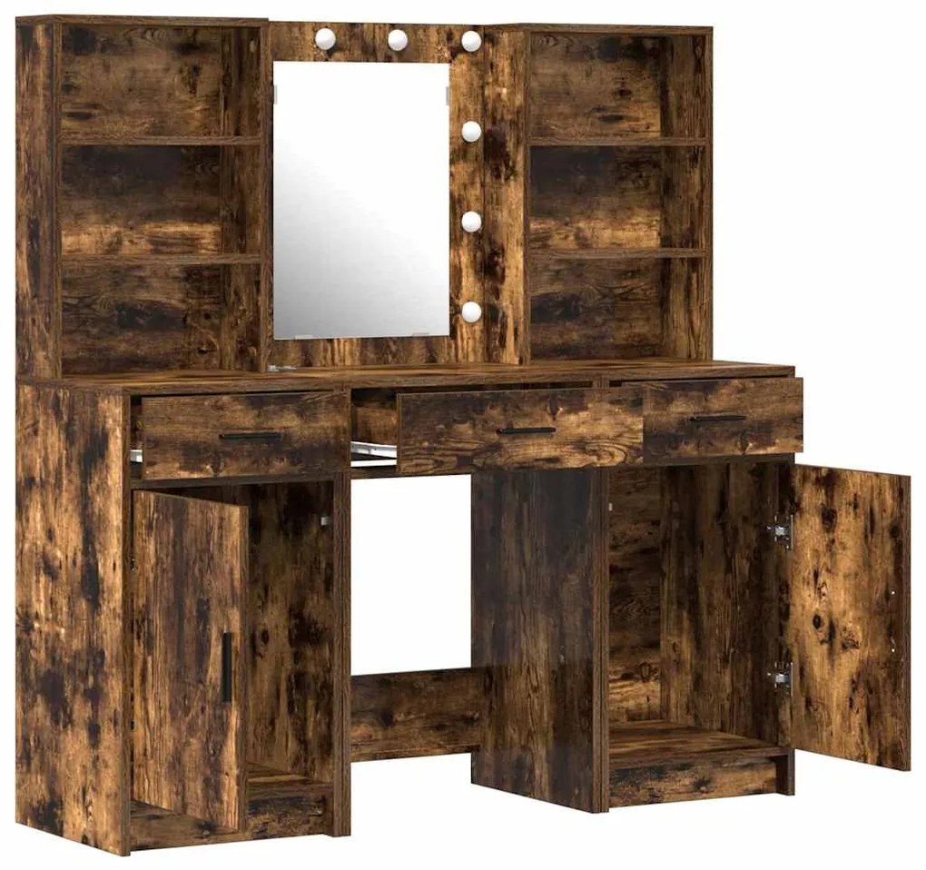 Conjunto de Mesa de Maquilhagem de 3 Peças Carvalho Fumado Madeira de