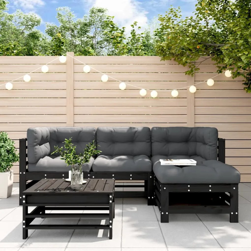 vidaXL 5pcs conjunto lounge jardim com almofadões madeira maciça preto