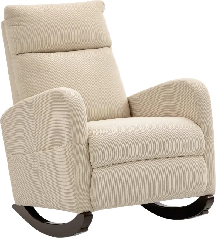 Cadeira de Baloiço de Veludo com Encosto Alto Pés de Madeira Bolsos Apoios de Braços Estilo Moderno 67x94x105 cm Bege