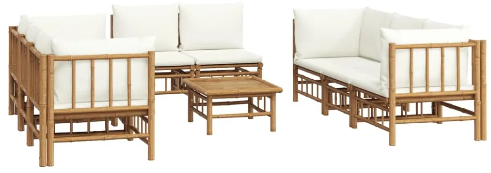 9 pcs conjunto lounge de jardim bambu c/ almofadões branco nata