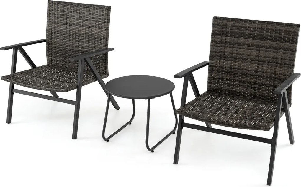 Conjunto de jardim de 3 peças Mesa redonda e 2 cadeiras de rattan com pés ajustáveis Cinza escuro