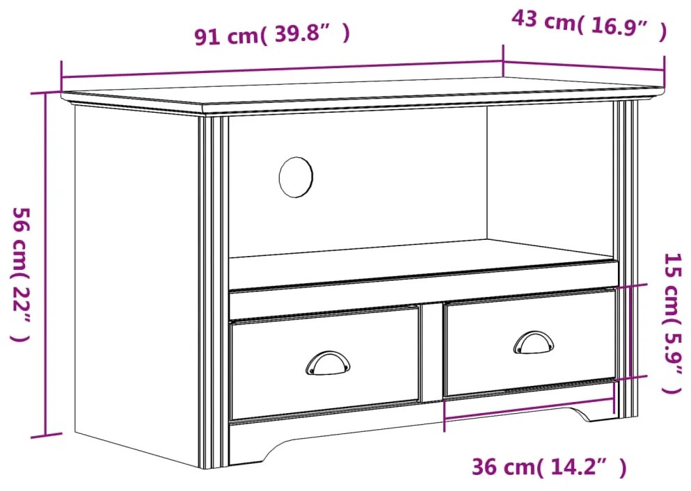 Armário TV c/ 2 gavetas BODO 91x43x56 cm pinho maciço castanho