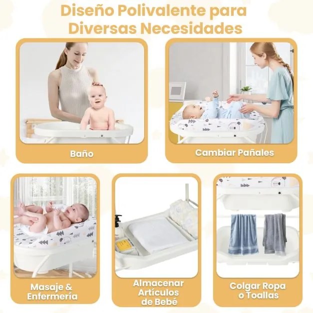 Troca-fraldas com banheira, portátil e dobrável, almofada em PVC, bandeja de armazenamento com 4 rodas universais, branco