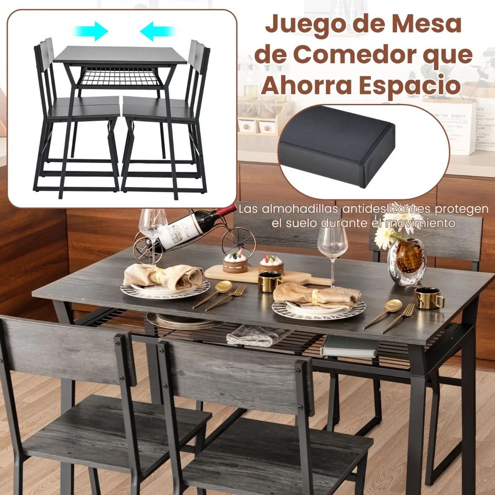 Conjunto de móveis de cozinha de 5 peças com mesa de jantar retangular industrial 4 cadeiras Estante para arrumação e estrutura metálica Cinzento