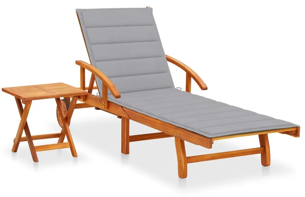 3061618 vidaXL Espreguiçadeira de jardim com mesa e almofadão acácia maciça