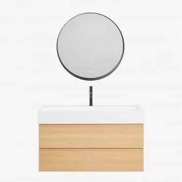Conjunto De Móvel De Casa De Banho Em Madeira E Chapa De Freixo Com Lavatório Integrado Ona Madeira Natural & Redondo Led - Sklum