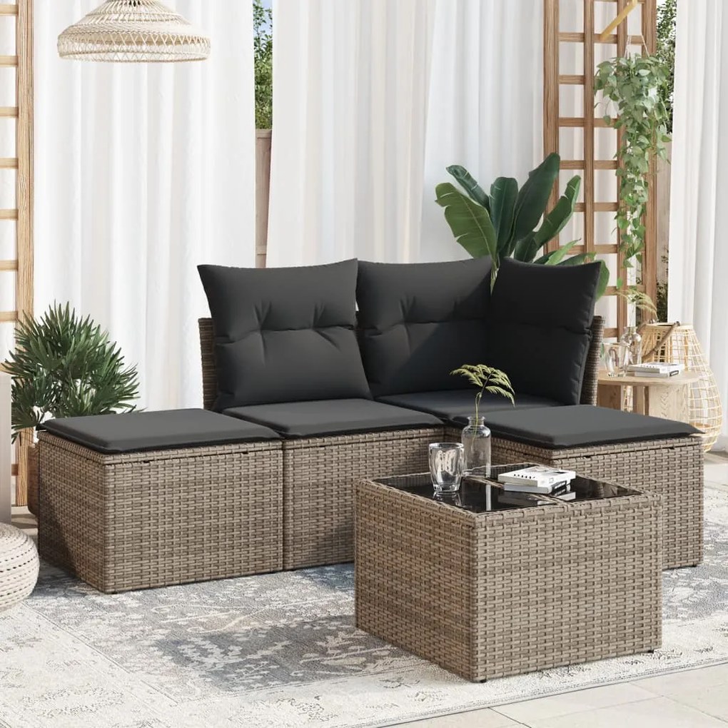 5 pcs conjunto sofás de jardim c/ almofadões vime PE cinzento