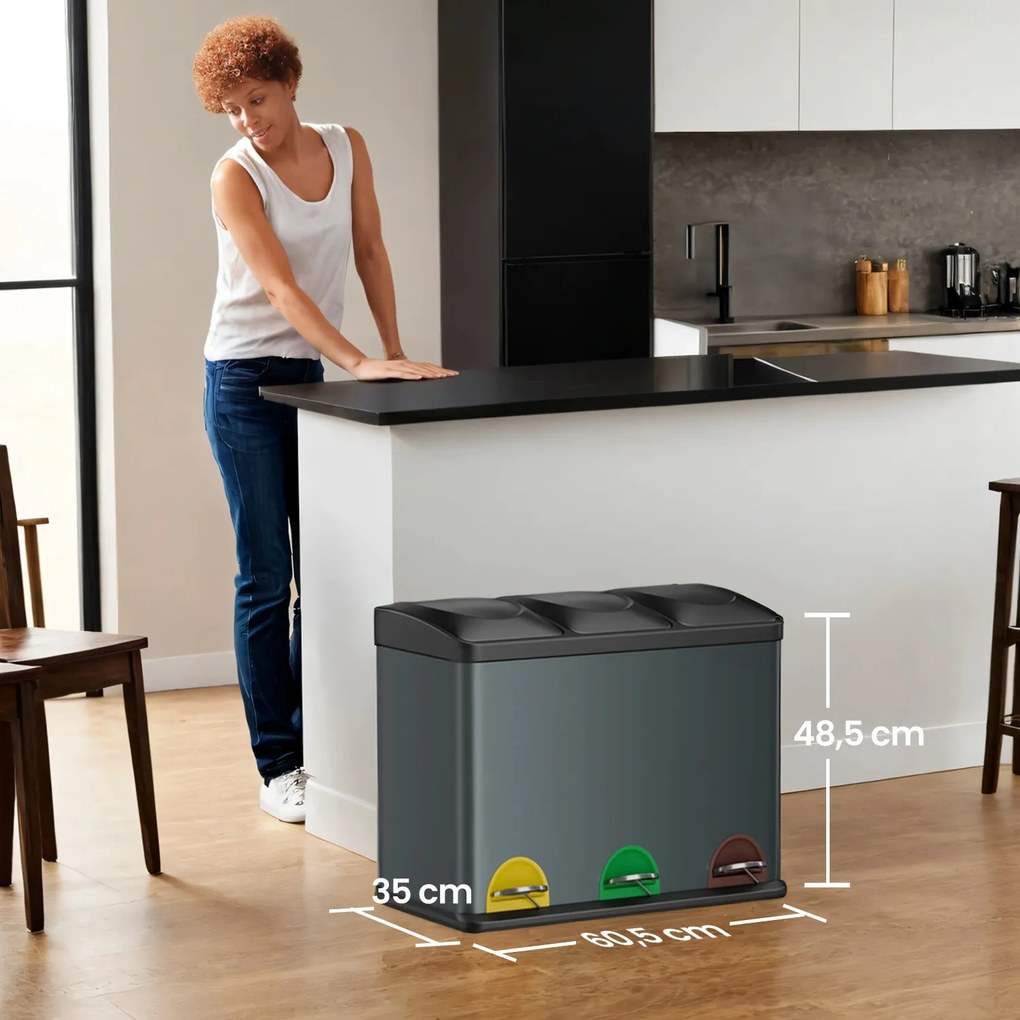 Caixote do lixo com 3 compartimentos 60,5 x 40,5 x 48,5 cm verde acinzentado