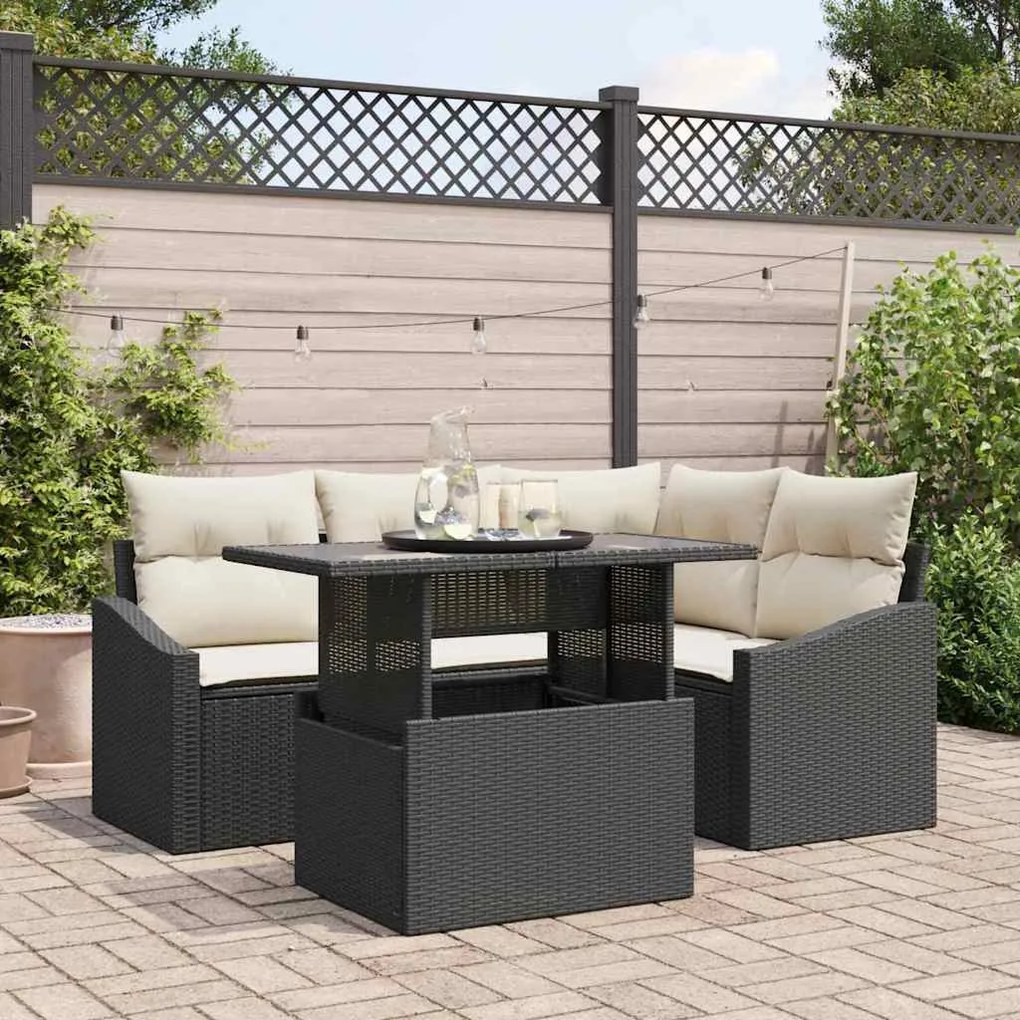 Conjunto de Sofá de Jardim em 5 Peças com Almofadas Preto Vime Rato