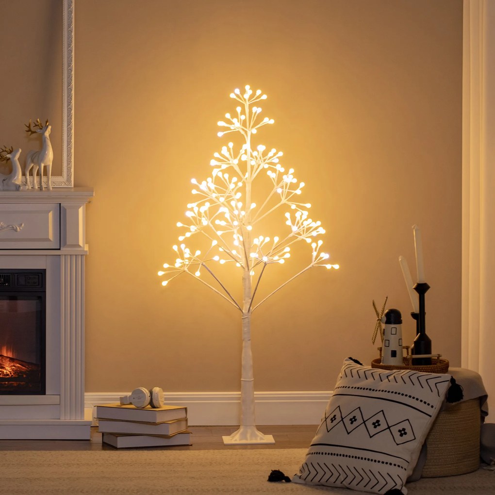 HOMCOM Árvore de Bétula Altura 120cm com 168 Luzes LED IP44 Branco Quente Ramos Flexíveis e Base de Candeeiro Árvore de Decoração de Natal para Festas Aniversários Casamentos 18x18x120cm Branco