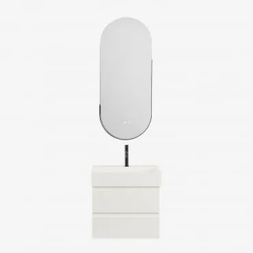 Conjunto De Móvel De Casa De Banho Suspenso Em Madeira E Folha De Freixo Com Lavatório Integrado Ona Branco & Preto Mate, 20 Cm, Com Válvula De Escoam