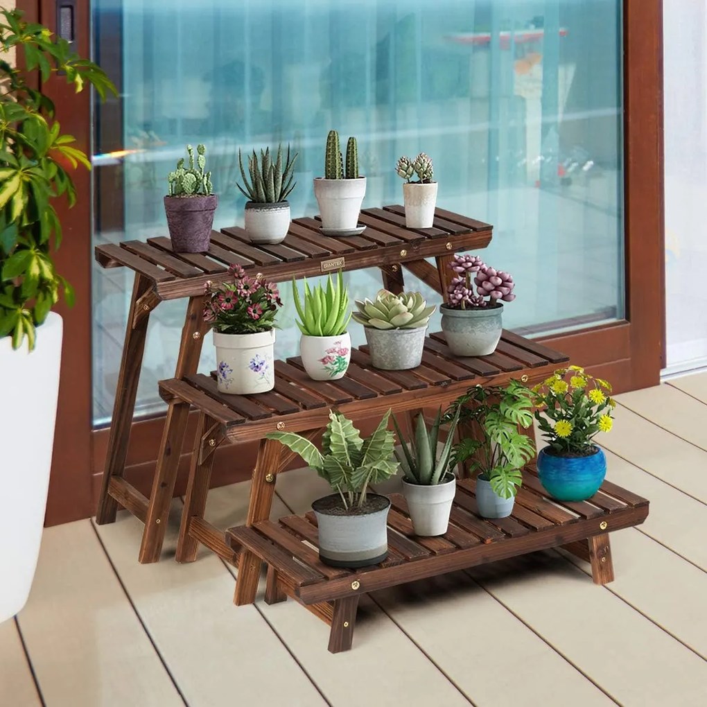 Suporte para plantas de madeira, 3 peças em qualquer combinação Escada para flores carbonizada para interior e exterior Castanho